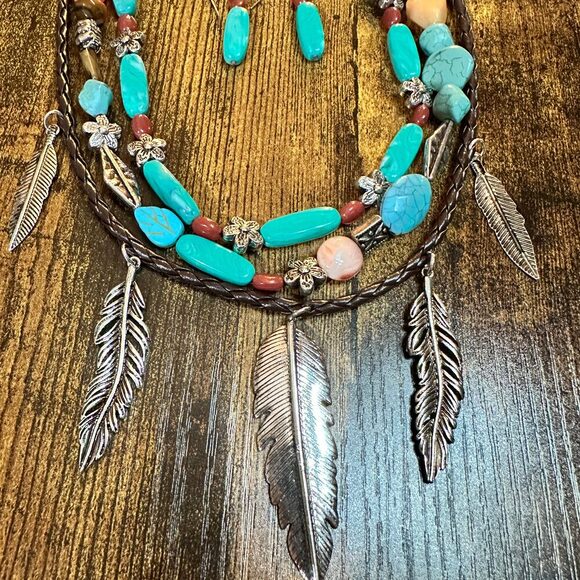 Turquoise‎ Feather Southwestern Boho Multi Necklace and Earrings Set - Picture 7 of 11